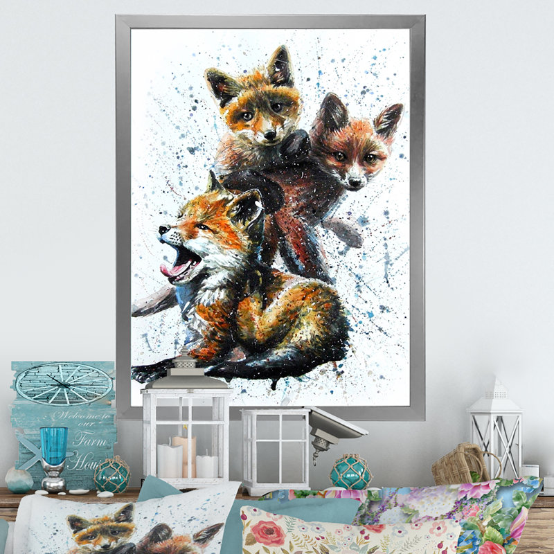 Petits renards - peinture, H 32 po x l 16 po x P 1 po, Cadre photo argenté