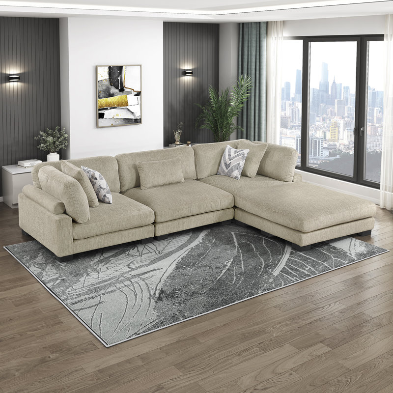 Brinsley 135" Modern Modular Sectional with Microfiber Fabric, Included Ottoman & 5 Pillows, Brown Microfiber