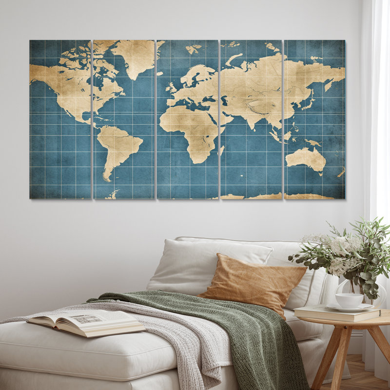 Ancienne carte du monde V - cartes, art mural sur toile - 5 panneaux égaux