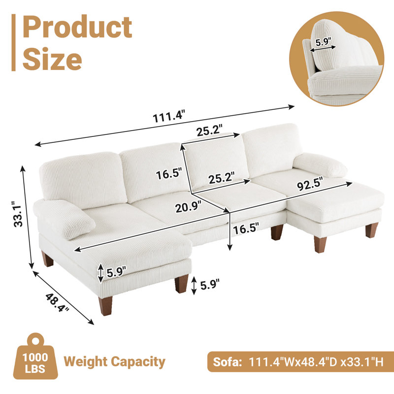 George Oliver 111‘W U-Shaped Sectional, Beige Corduroy