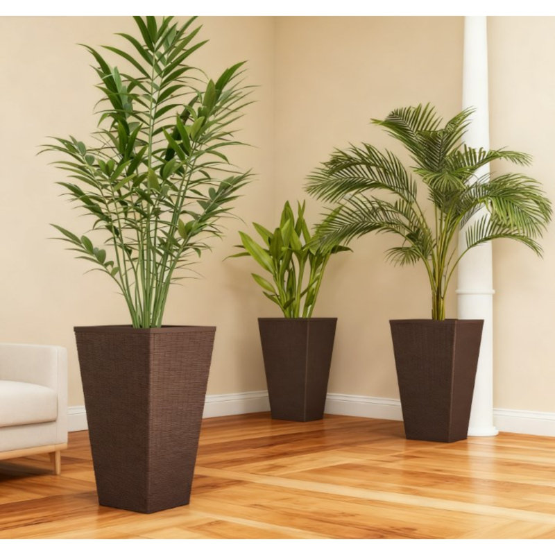 Ensemble de 3 jardinières d'extérieur en PP de style rotin brun avec trous de drainage pour l'extérieur P 14,3 po x l 14,3 po x H 24 po