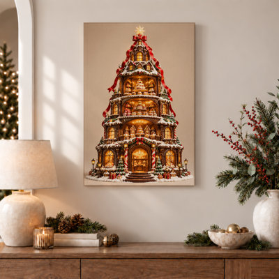 Multi-Tiered Gingerbread Bakery With Snow And Red Christmas Canvas Wall Art