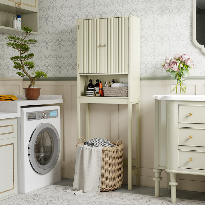 66'' Over the Toilet Storage Cabinet w/Fluted Doors Adjustable Shelf & Bottom Bar Beige, Beige