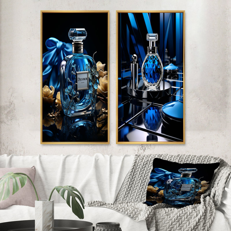 «Fashion Blue Perfume Delight» - 2 pièces, H 20 po x l 24 po, Encadrement doré