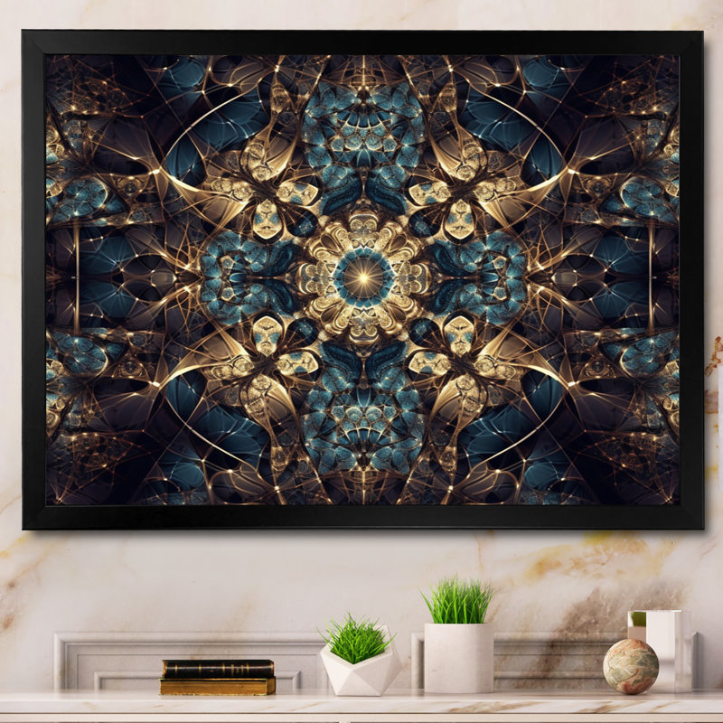 Bleu et or explorant les abstractions fractales I, Toile encadrée noire à coins fermés, H 12 po x l 20 po x P 1 po
