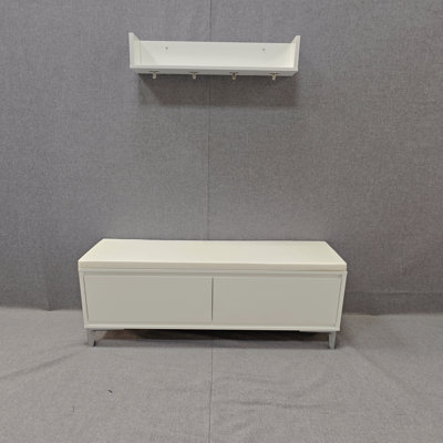 Wall-Mounted Entryway Shelf With Hooks And Storage Bench Set, Modern White Shoe Cabinet With Cushion And Closed Storage