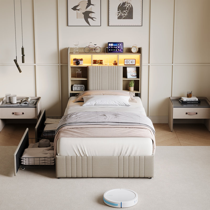 Upholstered Bed, European Single (90 x 200 cm), Beige