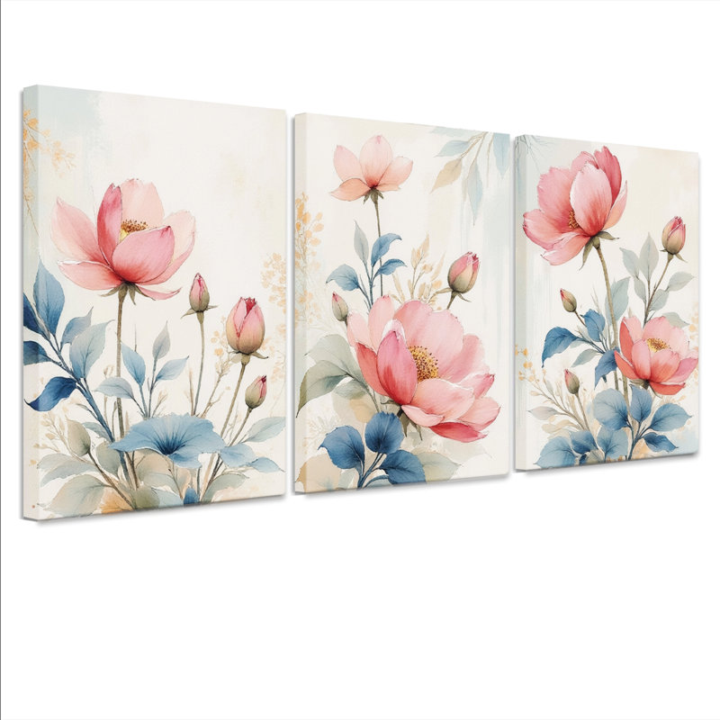 Toiles murales encadrées à motif pivoine rose et fleurs bleues (lot de 3), H 30 po x l 60 po
