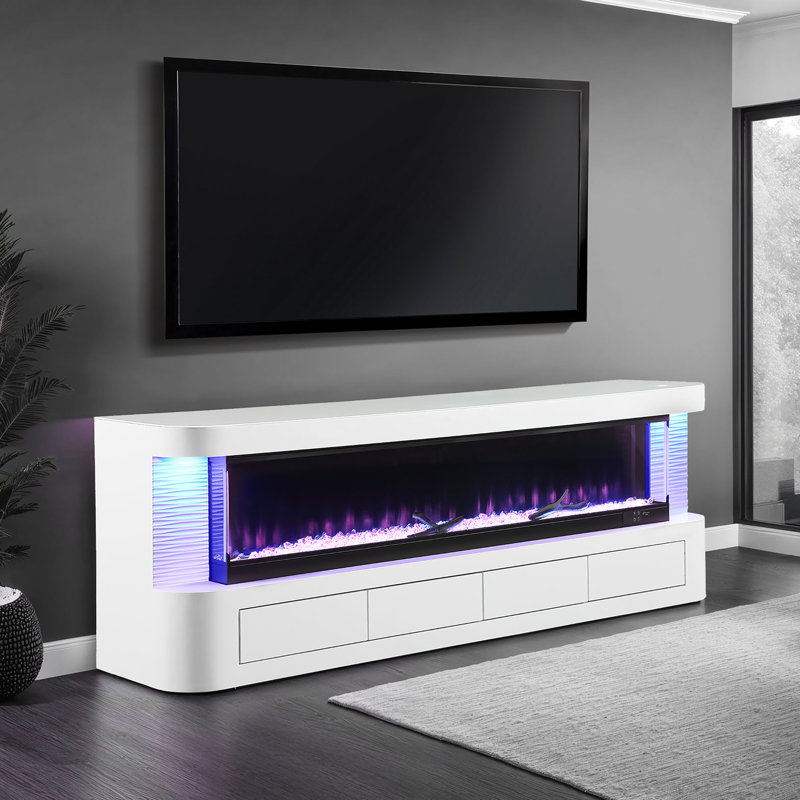 White Contemporary Tv Stand With Electric Fire Place For Primary Living Room, 3 - Level Brightness Setting, Flame Box Display Only, Made Of Pine, Glass, Metal And Engineered Wood Featuring Time Shut