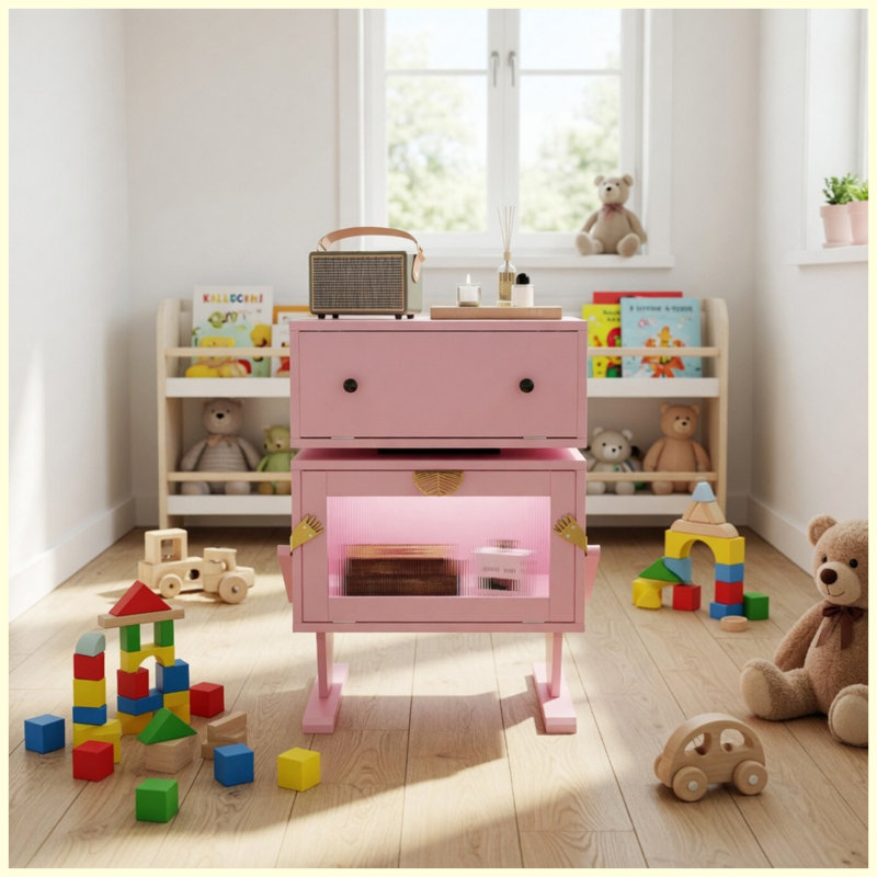Table de bout robot 20,7 "de large avec DEL rose avec tiroir rotatif à 360 °, table de bout moderne pour la chambre à coucher