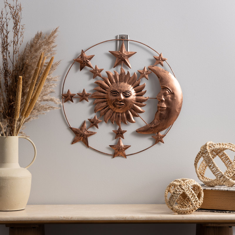 Décoration murale en métal intérieur extérieur soleil et lune bronze avec étoiles