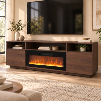 Meuble télé en bois d'ingénierie avec foyer électrique encastré, console multimédia moderne avec tablettes ouvertes et armoires fermées pour téléviseurs de 75 po ou moins, salon
