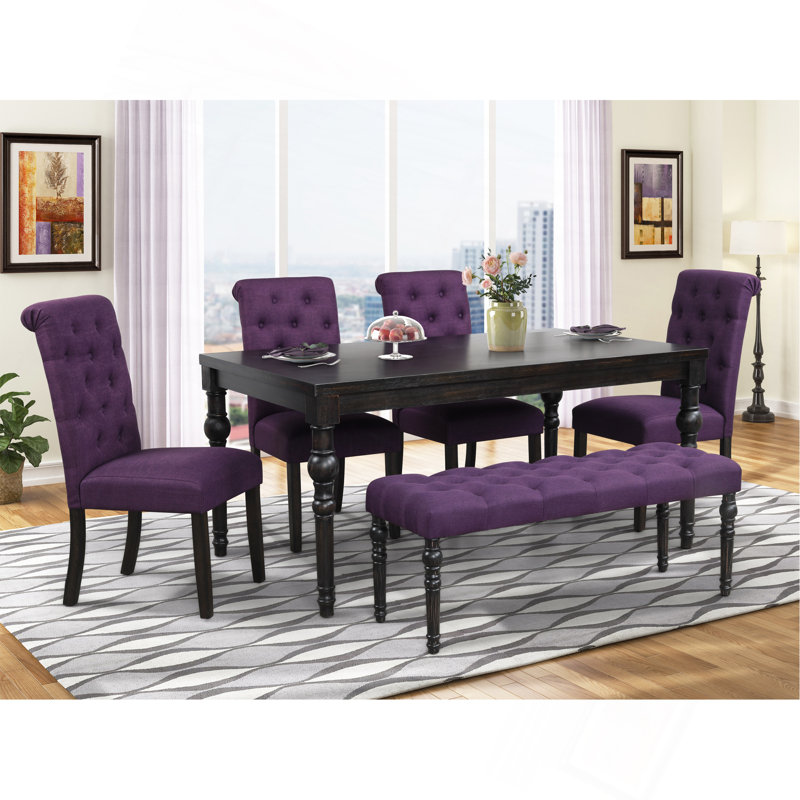 Ensemble de salle à manger en bois foncé de style urbain Leviton: table, 4 chaises et banc, Mauve