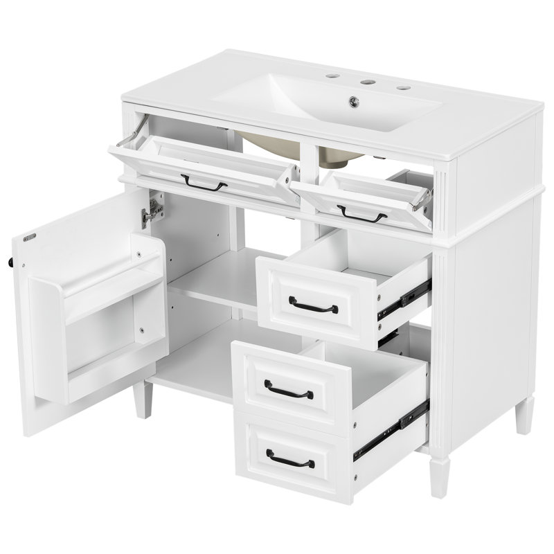 Coppera 36-Inch Freestanding Bathroom Vanity with Ceramic Sink Top and Solid Wood Frame, White