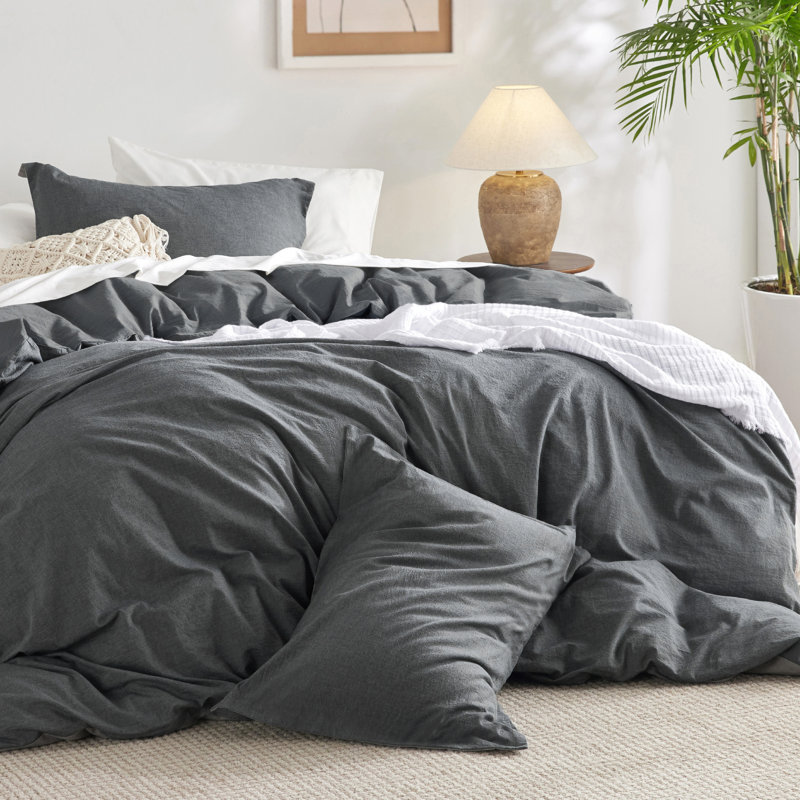 Bedsure Cotton Fabric With Microfiber Inner Fill Comforter Set, Dark Gray, Queen Comforter with 2 Pillowcases