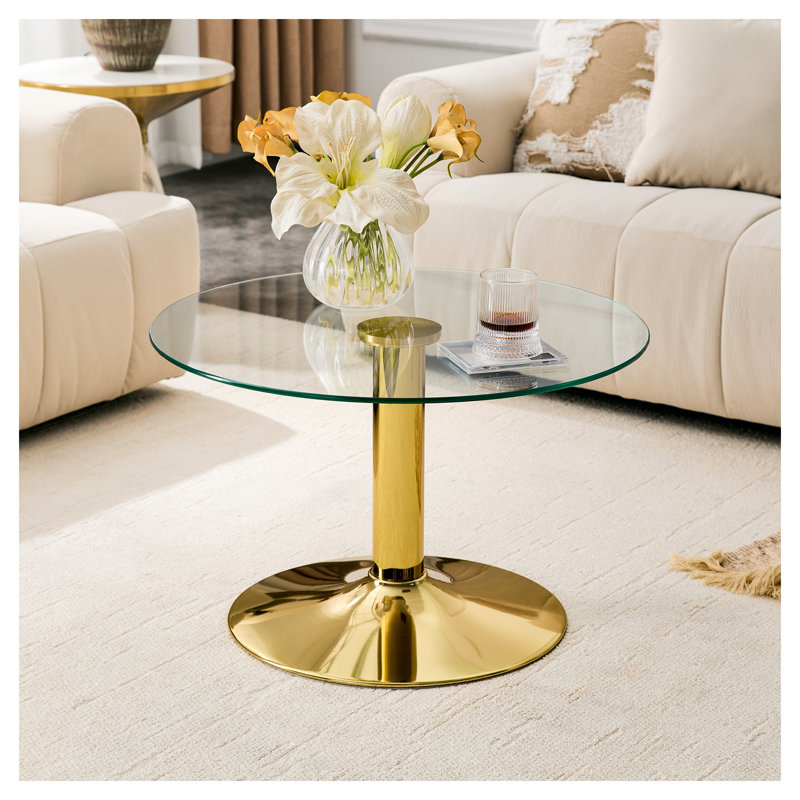 Table basse ronde en verre trempé de 70 cm (27,5 po) avec piètement en métal doré