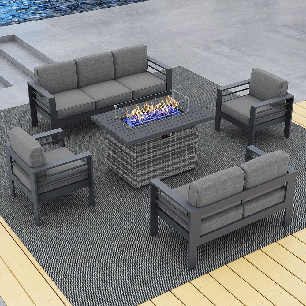 Lovall Rattan Wicker 7 - Person Seating Group with Fire Pit and Cushions Ebern Designs Cushion Color: Black