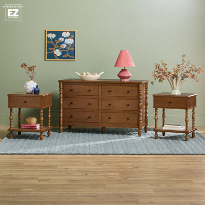 Solid Wood 3-Piece Spindle Vivienne Two Walker Edison Easy Assembly 1-Drawer Nightstands and 6-Drawer Dresser
