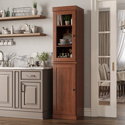 100% Solid Wood Kitchen Pantry Cabinet, Tall Freestanding Modular Storage With Glass & Shaker Doors, Adjustable Shelves, 16.5" W X 71.5" H