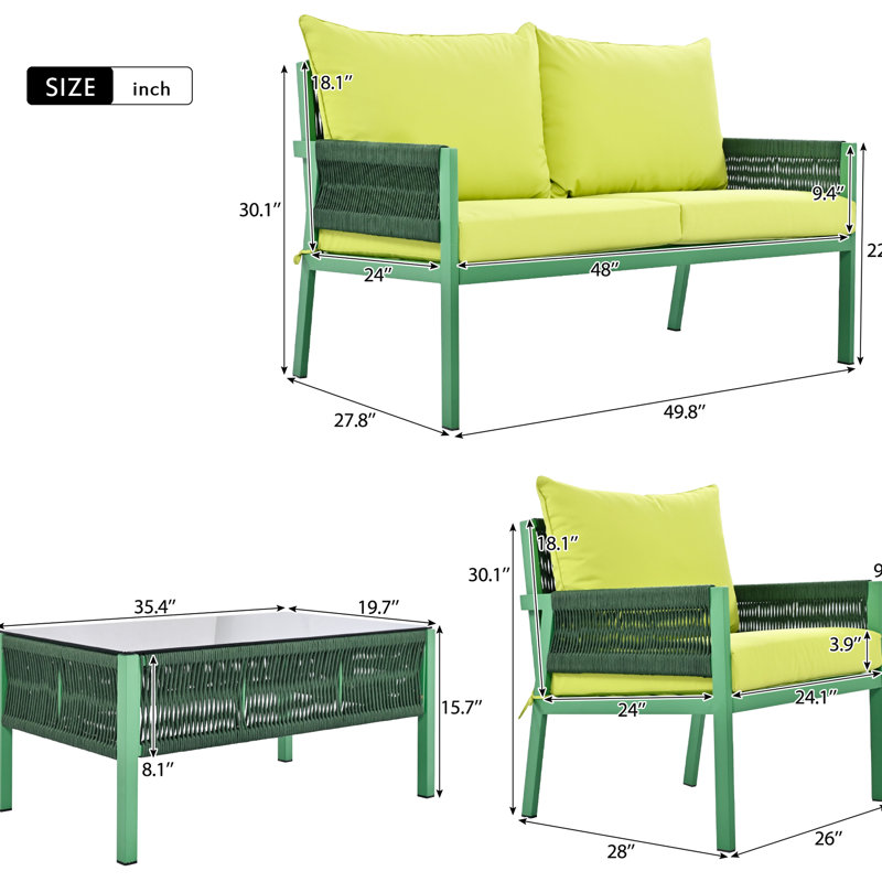 Patio de luxe pour l'extérieur - 4 avec coussins de siège et de dossier épais et table en verre trempé jaune fluorescent