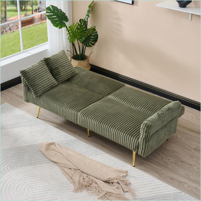 Sofas 79 Inch Corduroy Foldable Sofa Bed for Living Rooms Small Spaces | Foam+Spring | Sage Green