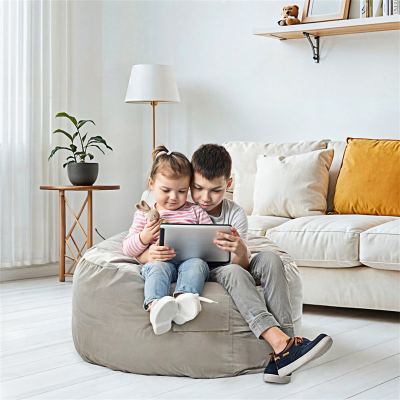 Beanbag Chair, Gray Fabric, 22" H x 35.8" W x 35.8" D
