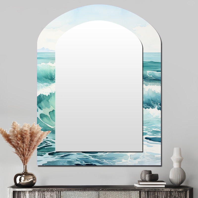 Green Minimalisme Tranquil Waters - Miroir décoratif en arche côtière sur métal, 43 po x 33 po