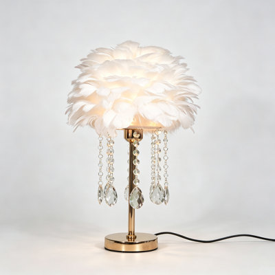 Lampe de table plume blanche avec abat-jour en perles de cristal, lampe de chevet d'appoint dorée glamour avec ampoule E26 incluse