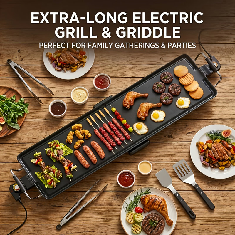 AORAN 35" Electric Griddle Teppanyaki Grill, Nonstick Extra Large Griddle Long Countertop Grill with Adjustable Temperature & Drip Tray, Easy-to-clean BBQ Pancake Griddle for Indoor & Outdoor Cooking