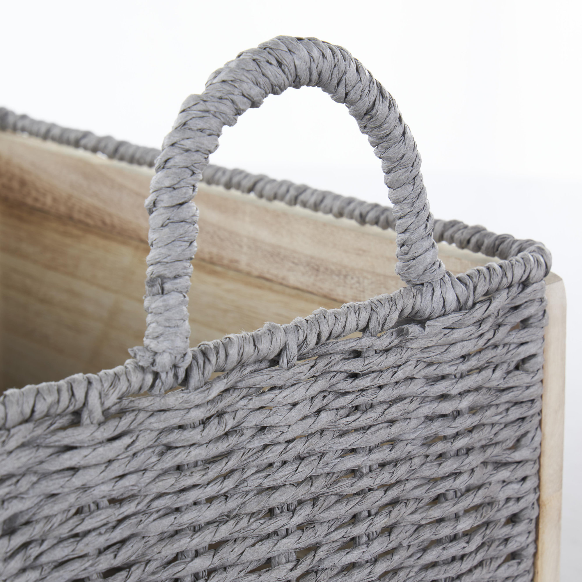 Wood Woven Decorative and Functional Light Brown Storage Basket with Gray Rope Accents Set