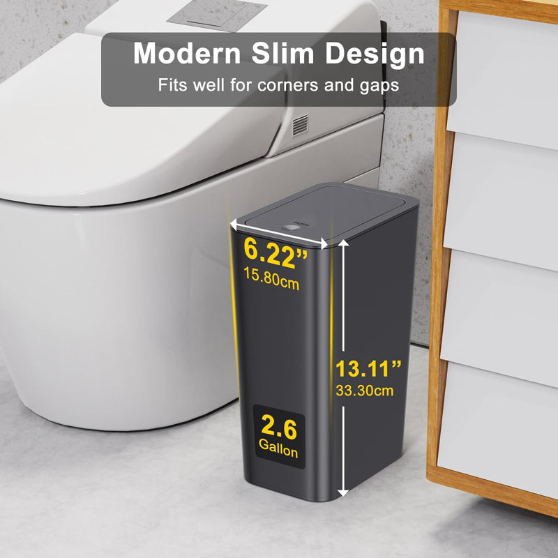 Black Slim Plastic Trash Can with Lid, 10 Liter, 3 Pack