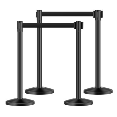 Poteau de poteau, poteaux de 4 pièces avec ceintures rétractables, queue de poteaux en acier au carbone noir avec base creuse à injection de sable, barrières de contrôle des foules pour les théâtres, fêtes, mariages, expositions