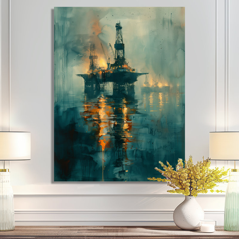 Plate-forme de pétrole bleue et jaune dans le golfe du Mexique, Métal métal, H 24 po x l 32 po x P 1 po