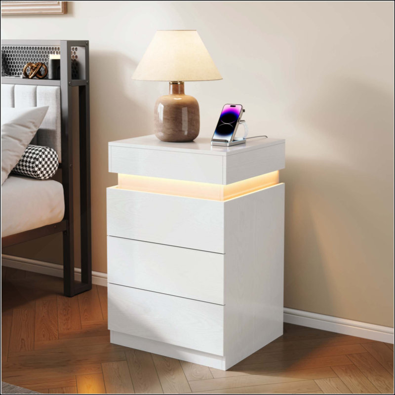 Table de chevet avec station de charge intégrée et éclairage DEL, table de chevet moderne à 3 tiroirs et table de bout, Blanc