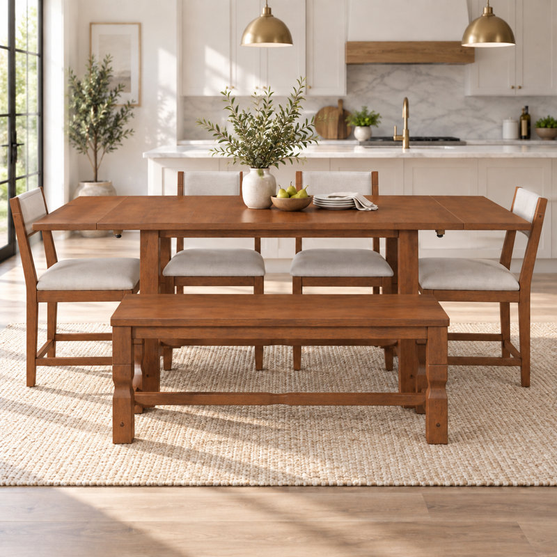 Ensemble de salle à manger extensible 6 pièces pour 6 personnes comprenant une table en bois d'hévéa (152 à 213 cm), 4 chaises rembourrées et un banc (122 cm), 2 rallonges amovibles, marron