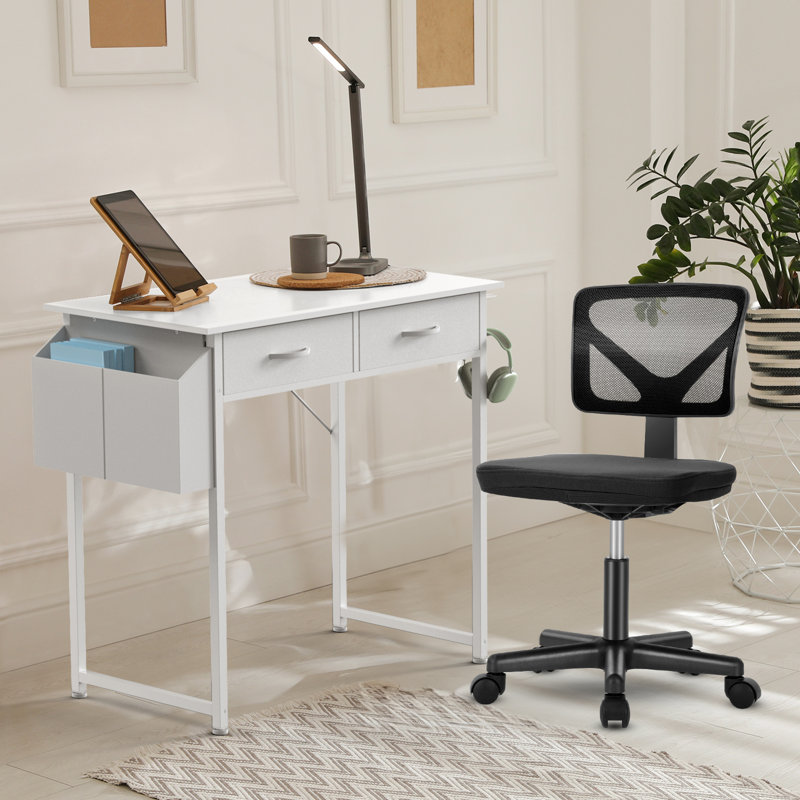 Desk and Chair Set: 32 Inch Computer Desk & Height Adjustable Black Mesh Chair, White/Black