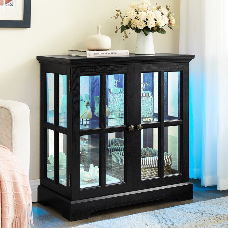 Armoire en verre antique avec rangement réglable, portes, dossier en acrylique et éclairage contrôlé pour la décoration intérieure, système à 7 couleurs à DEL, plateau de table en bois texturé, base de support