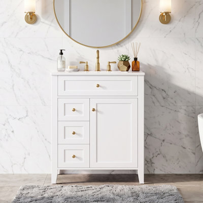 24" Modern White Bathroom Vanity with Ceramic Sink, Soft-Close Door and 3 Drawers, Freestanding MDF Cabinet