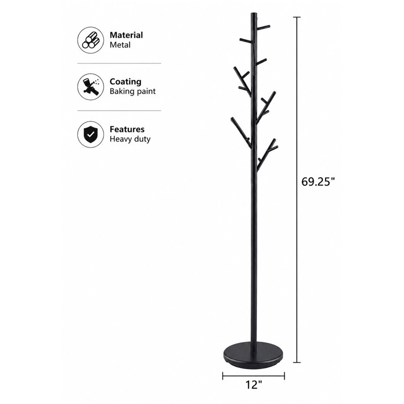 Black Tree-Inspired Coat Rack with 18 Hooks