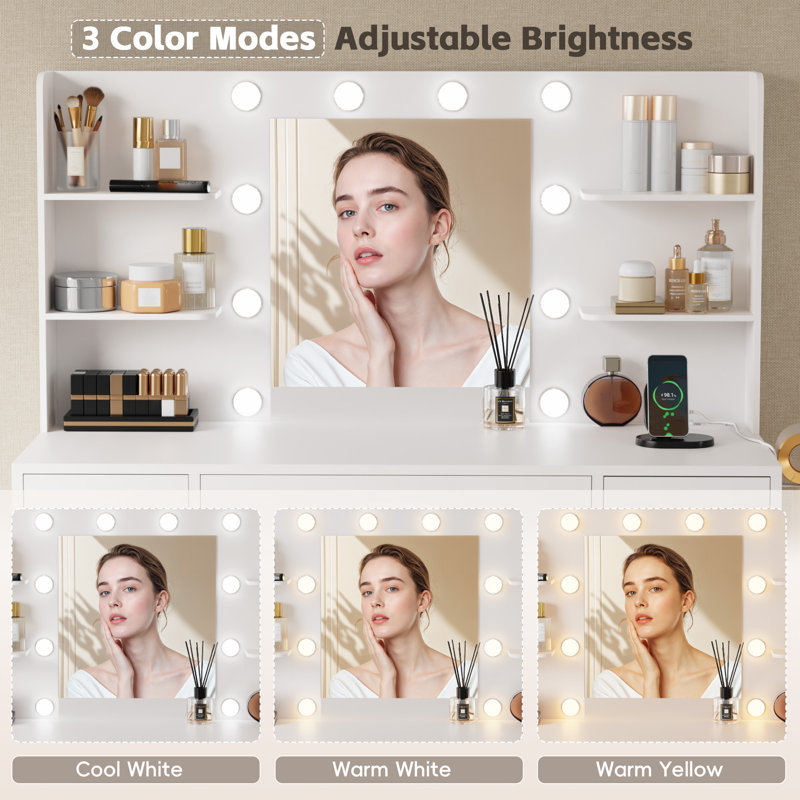 Ragin Makeup Vanity With Usb Power Outlet And 3 Modes Adjustable Brightness Light, White