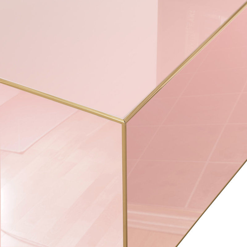 Pink Glass and Wood Square Coffee Table with Gold Borders