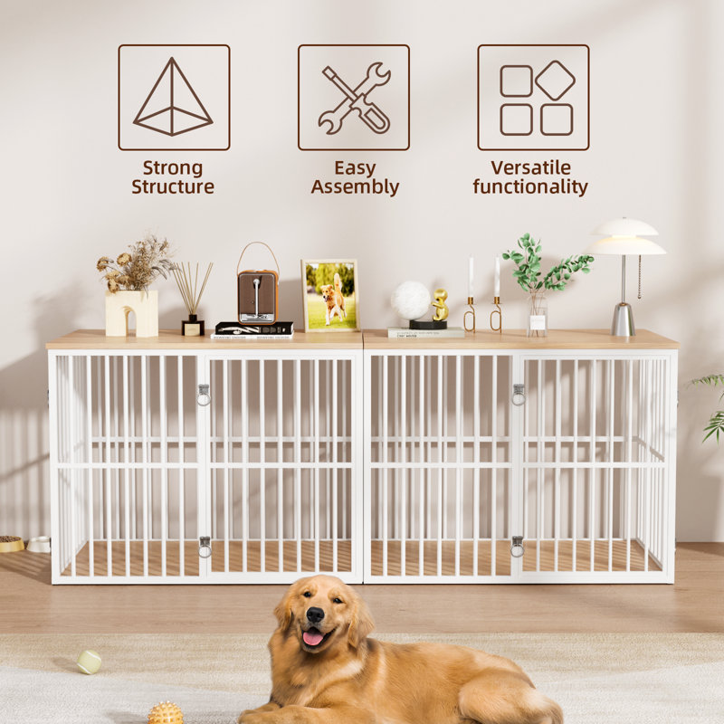 86.7" Double Dog Crate Furniture with 4 Doors,Dog Kennel TV Stand End Table with Removable Divider, Natural/White
