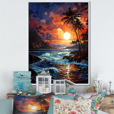 Coucher de soleil orange coloré sur fond de palmiers III - décoration murale florale