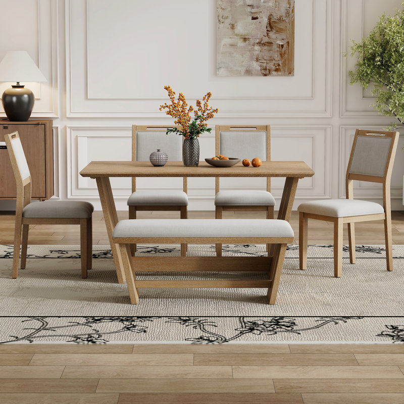 Ensemble de table de salle à manger 6 pièces pour 6, table de cuisine en bois de 60 po et 4 chaises avec banc et base en tréteaux