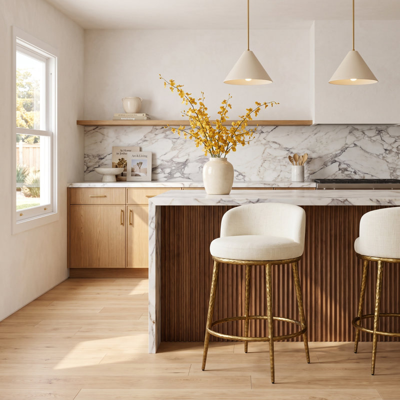 Gelder 26.5" Modern Glam Upholstered Bar Stool with Hammered Metal Legs & Curved Low Back for Kitchen Island, Gold Hammered