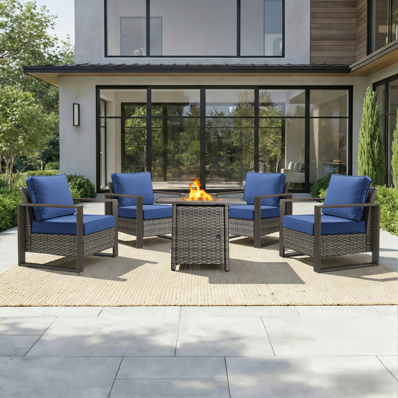 5-Piece Outdoor Modern Patio Lounge Chairs Conversation Set With Fire Pit Table, Gray, Blue