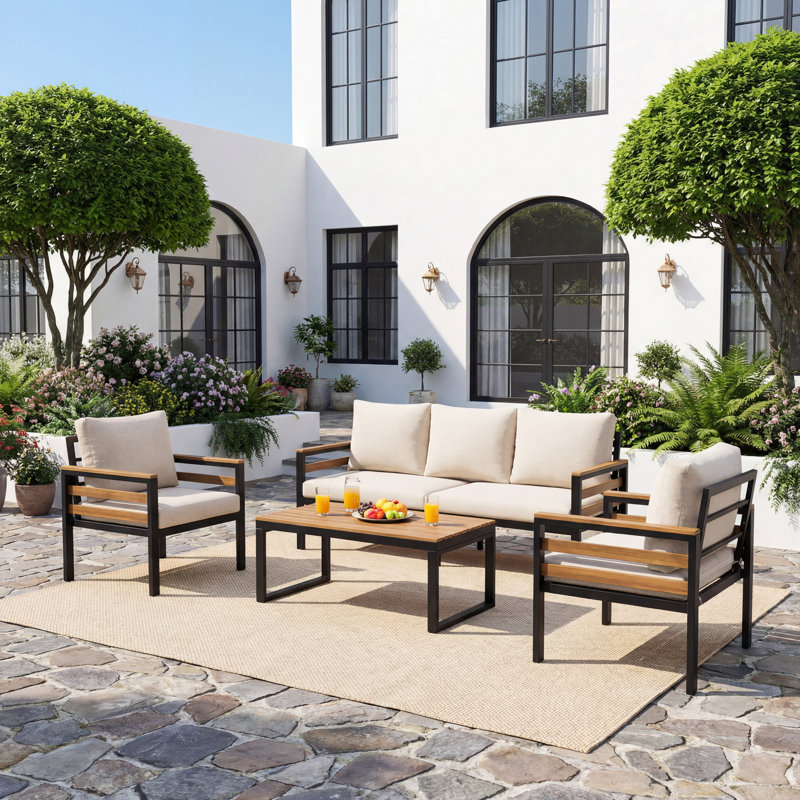 4-Piece 5-Seat Patio Conversation Furniture Set, Outdoor Patio Sofa with Acacia Wood Armrests, Removable Cushions & Solid Wood Coffee Table