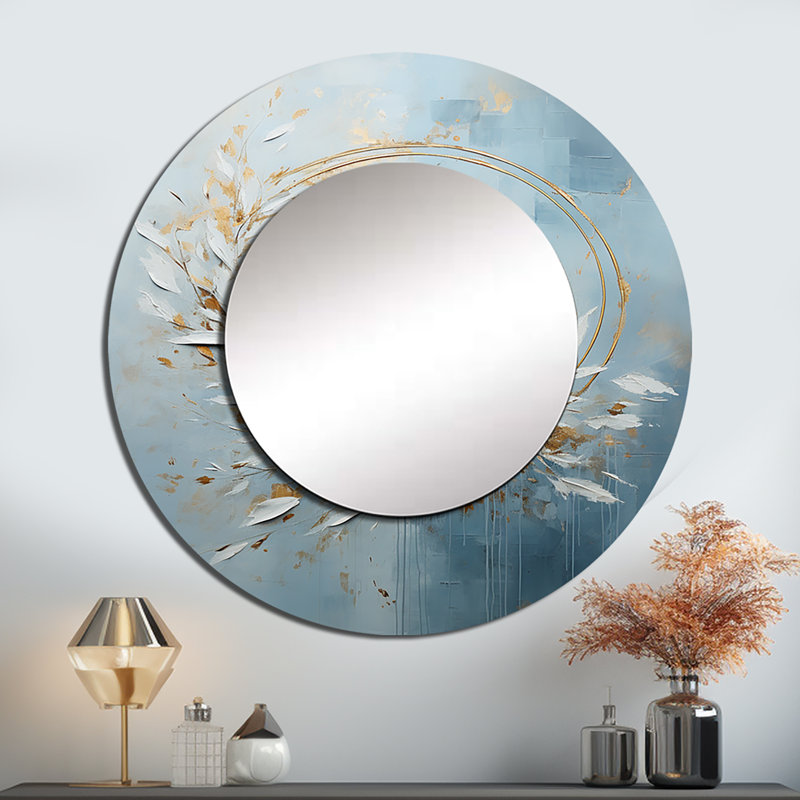Satornino bleu et couronne de fleurs dorées - miroir décoratif couronne, miroir mural rond beige, impression d'art en métal