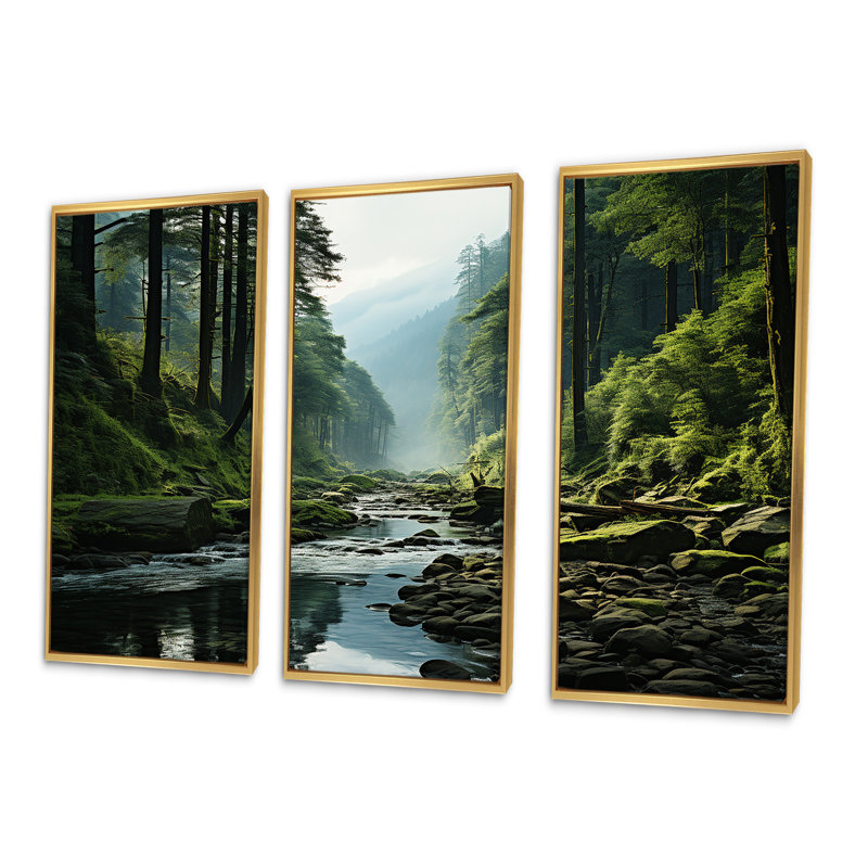 Ensemble de salon Mystic Wilderness Pine Forest In Canada V - Forest Wall Art, Cadre flottant doré