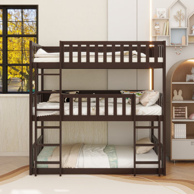 Twin Size Triple Rubber Wood Bunk Bed, With Ladders, Guardrails Detachable Bunk Bed, Twin Over Twin Over Twin,Espresso